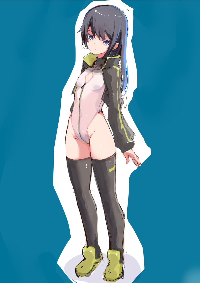 1girl absurdres alice_gear_aegis black_hair black_jacket black_thighhighs blue_background blue_eyes circle_cutout cleavage_cutout clothing_cutout companion/af covered_collarbone front_zipper full-length_zipper full_body green_footwear heattech_leotard highleg highleg_leotard highres jacket koashi_mutsumi leotard long_hair multicolored_leotard race_queen sleeveless_turtleneck_leotard solo thighhighs turtleneck two-tone_leotard white_leotard yoto_(rinlin2) zipper zipper_leotard zipper_pull_tab