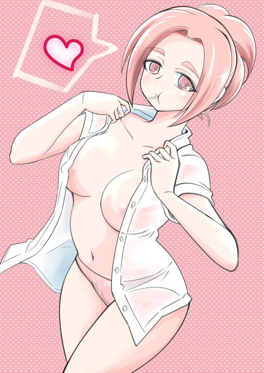 1girl absurdres anna_(watamote) areola_slip breasts commentary_request covered_erect_nipples cowboy_shot heart highres large_breasts lollipop_in_mouth nakano_hitomi no_bra open_clothes open_shirt panties pink_background pink_eyes pink_hair pink_panties see-through_clothes see-through_shirt shirt solo underwear watashi_ga_motenai_no_wa_dou_kangaetemo_omaera_ga_warui!