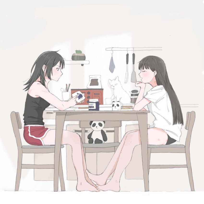 2girls animalization bang_dream! bang_dream!_it&#039;s_mygo!!!!! barefoot bite_mark bite_mark_on_neck black_hair black_panties black_tank_top blue_eyes cactus cat chair closed_eyes commentary cup dolphin_shorts food hashtag-only_commentary head_rest hickey i_love_lesbian jam kaname_raana kitchen long_hair medium_hair mole mole_under_eye mug multiple_girls open_mouth panties raana_the_cat red_shorts shiina_taki shirt short_sleeves shorts sitting stuffed_animal stuffed_panda stuffed_toy table tank_top underwear white_shirt yahata_umiri yuri