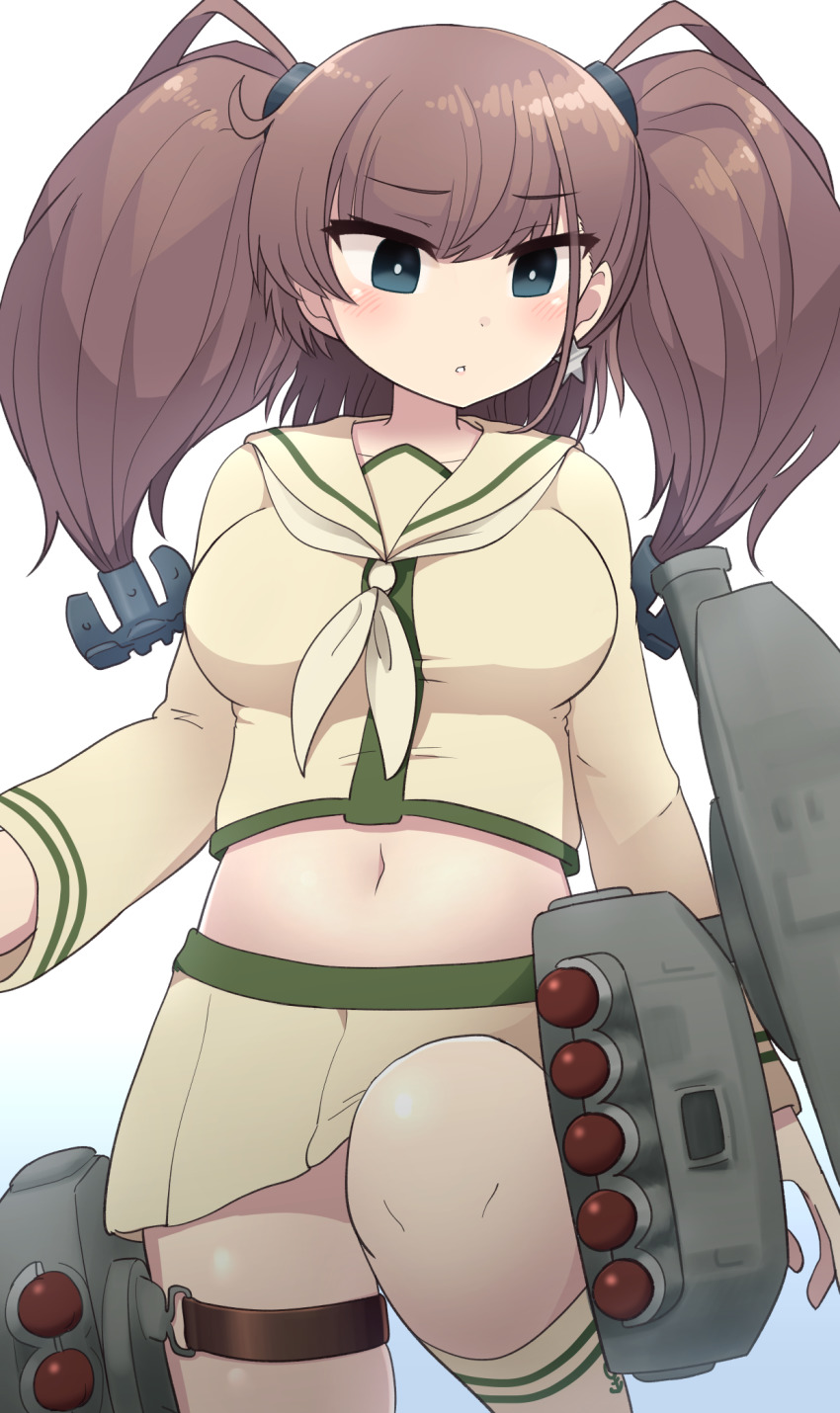 1girl alternate_costume anchor_hair_ornament atlanta_(kancolle) beige_serafuku beige_shirt beige_skirt breasts brown_hair cosplay earrings hair_ornament highres jewelry kantai_collection kitakami_(kancolle) kitakami_(kancolle)_(cosplay) large_breasts long_hair long_sleeves midriff miniskirt navel rigging school_uniform serafuku simoyuki single_earring skirt solo star_(symbol) star_earrings thigh_strap torpedo torpedo_launcher torpedo_tubes two_side_up