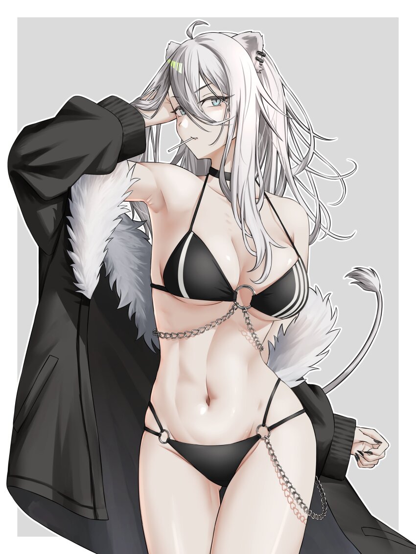 1girl absurdres ahoge animal_ears bare_shoulders bikini black_bikini black_jacket breasts choker cleavage closed_mouth cowboy_shot ear_piercing fur-trimmed_jacket fur_trim grey_background grey_eyes grey_hair groin hair_between_eyes hand_in_own_hair hand_up highres hololive jacket lion_ears lion_girl lion_tail lollipop_in_mouth looking_at_viewer medium_breasts navel o-ring o-ring_bikini outline piercing ryou_(monstercat_nc42) shishiro_botan solo swimsuit tail virtual_youtuber white_outline