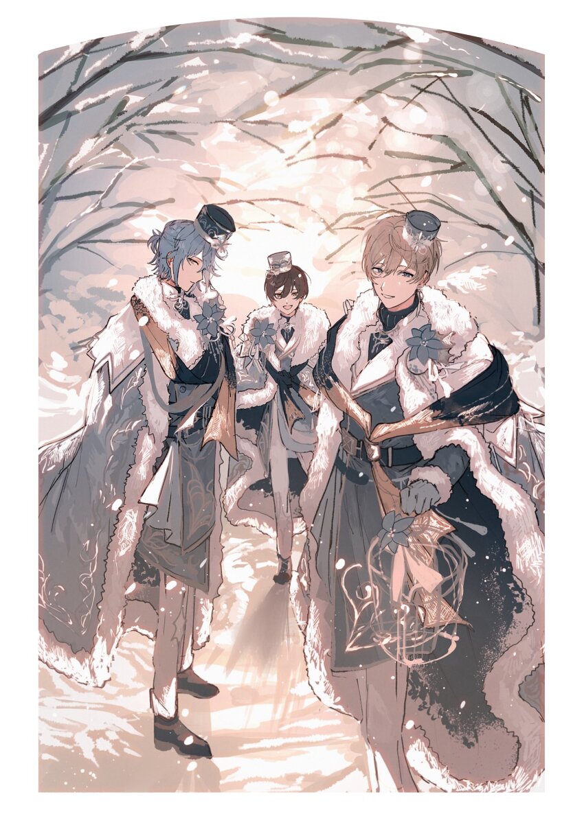 22kolink 3boys blonde_hair blue_hair brown_hair fur_trim gloves highres long_sleeves mahoutsukai_no_yakusoku male_focus mitile_flores multiple_boys nero_turner pants rustica_ferch short_hair snow walking