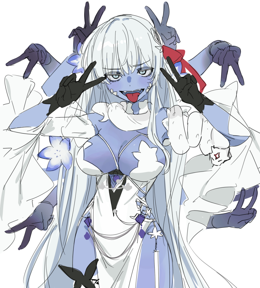 1girl absurdres black_gloves blue_eyes blue_flower blue_skin breasts colored_skin double_v dress extra_arms fangs fate/grand_order fate_(series) flower gloves highres kaigan0211 kali_(fate) kali_(fgo_fes._2025)_(fate) large_breasts long_hair snake snake_wrapped_around_arm tongue tongue_out v white_background white_dress white_hair