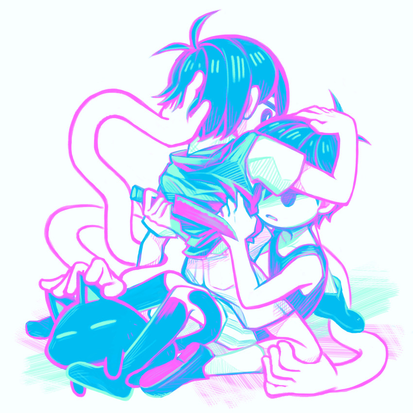 2boys antenna_hair black_eyes black_hair black_shoes black_socks black_sweater_vest black_tank_top cat collarbone collared_shirt colored_skin dual_persona highres kneehighs knife laser-lance looking_at_another male_focus mewo multiple_boys omori omori_(omori) open_mouth shirt shoes short_hair shorts sitting socks striped_clothes striped_shorts sunny_(omori) sweater_vest tank_top vertical-striped_clothes vertical-striped_shorts white_shirt white_shorts white_skin white_socks