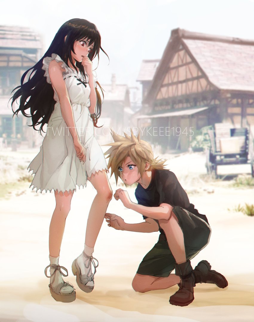 1boy 1girl aged_down black_hair black_shirt black_skirt blonde_hair blouse blue_eyes blush cloud_strife dress final_fantasy final_fantasy_vii final_fantasy_vii_remake full_body hand_to_own_mouth highres house injury long_hair low_ponytail nibelheim on_one_knee outdoors ponytail red_eyes sandals shirt shoes shorts skirt socks spiked_hair spykeee squatting tifa_lockhart town twitter_username white_dress