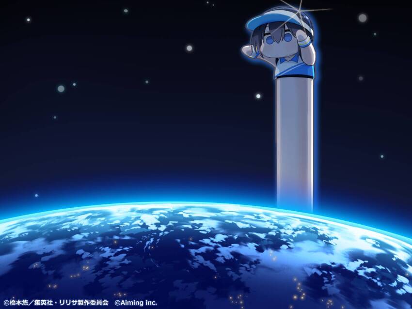 1girl 2.5_jigen_no_ririsa 2.5_jigen_no_ririsa_tenshitachi_no_stage black_hair blonde_hair blue_eyes blue_shirt cheerleader chibi cloud commentary_request copyright_notice earth_(planet) giant giantess hat highres longcat_(meme) meme no_mouth nonoa_(2.5_jigen_no_ririsa) official_art planet shirt sleeveless sleeveless_shirt solo space two-tone_shirt visor_cap white_hat white_shirt wristband