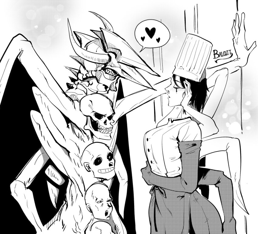 1girl apron arthropod_limbs artist_name black_blood black_tears blood bloody_tears blush cape chainsaw_man chef chef_hat commentary_request darkness_devil elbow_gloves extra_arms facing_another falling_devil_(chainsaw_man) flat_top_chef_hat gloves greyscale hat heart highres holding_detached_head kabedon meme monochrome multiple_heads nosebleed open_mouth severed_head short_hair skeleton skull spanish_commentary spoken_heart stitched_mouth stitches victorbalgitt waist_apron