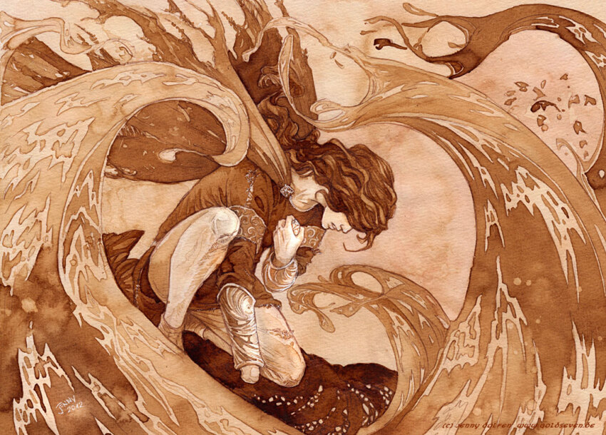 bracer brown_theme cape coffee_(medium) embroidery grimace hair_over_eyes holding_to_chest jenny_dolfen knee_up lava maedhros missing_limb monochrome on_one_knee painting_(medium) sepia silmaril_(gem) the_silmarillion tolkien&#039;s_legendarium tolkien&#039;s_legendarium torn_cape torn_clothes traditional_media watercolor_(medium) waves