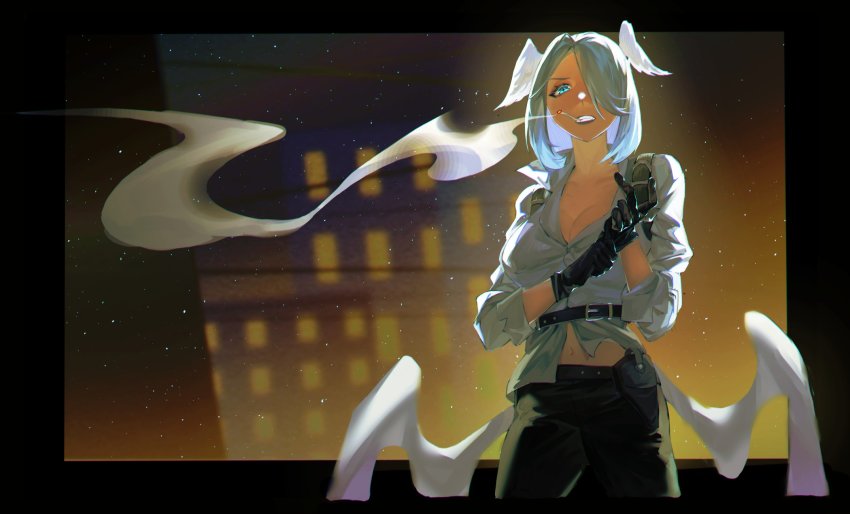 1girl alternate_costume belt black_belt black_border black_hair black_pants blue_eyes border breasts chinese_commentary cigarette cleavage collarbone collared_shirt elira_pendora hair_over_one_eye heterochromia highres in_mouth low_wings medium_breasts miaomiao_(judy201130) navel nijisanji nijisanji_en outside_border pants scowl shirt smoking solo virtual_youtuber white_shirt wings