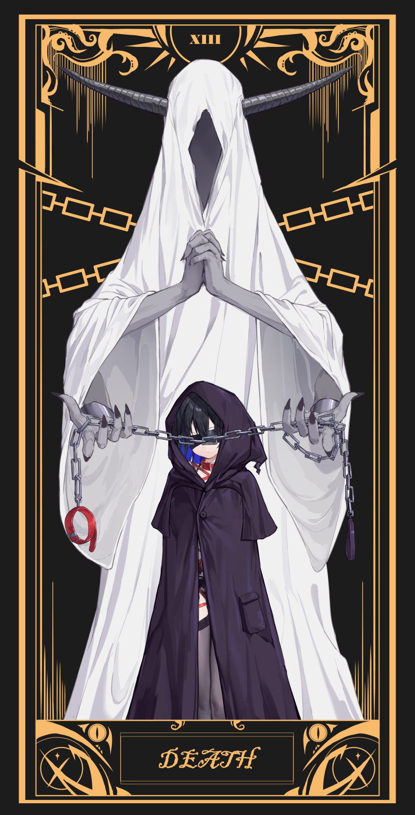 1girl 1other absurdres bdsm black_blindfold black_hair blindfold blue_hair bondage bound chain cloak collar colored_inner_hair colored_skin death_(tarot) extra_arms grey_skin highres hood hood_up hooded_cloak horns multicolored_hair original own_hands_clasped own_hands_together shibari standing stealth_bondage tarot variant_set xiongmao
