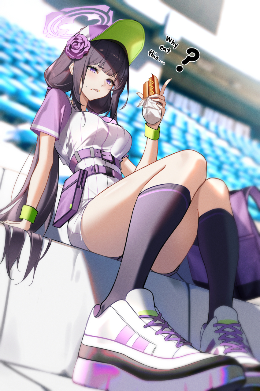 1girl ? absurdres baseball_cap black_hair black_socks blue_archive blush breasts commentary_request dong_(art_woodong) english_text flower hair_flower hair_ornament halo hat highres kneehighs large_breasts long_hair low_twintails official_alternate_costume purple_eyes purple_flower purple_halo shirt short_sleeves shorts socks stadium sumire_(blue_archive) sumire_(part-time)_(blue_archive) thighs twintails white_shirt