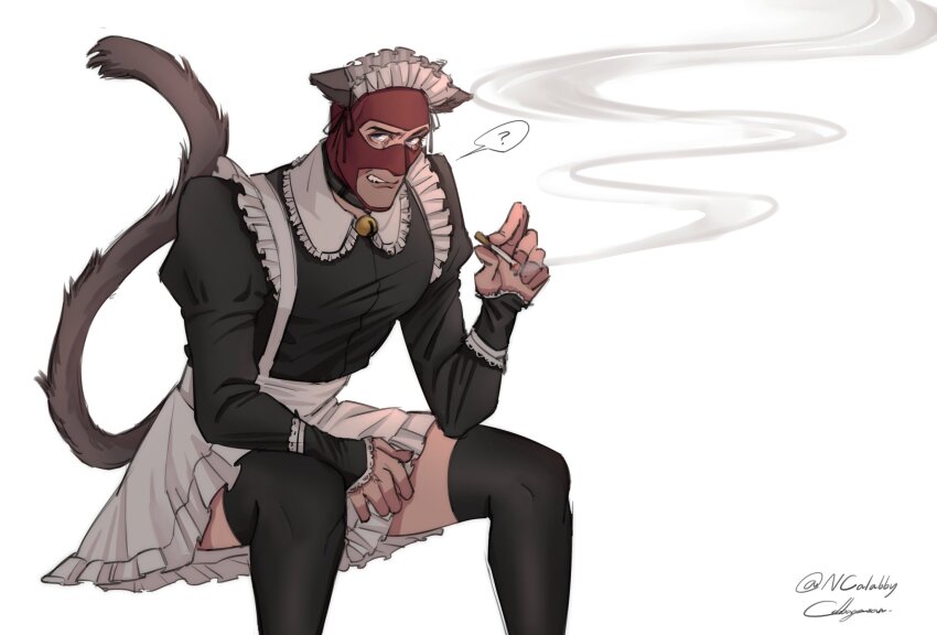 1boy ? alternate_costume animal_ears apron balaclava bara bell black_collar black_dress black_fur black_shirt black_thighhighs blue_eyes cabbage_(ncalabby) cat_boy cat_ears cat_tail cigarette collar collared_dress covered_pectorals crossdressing crossdressing_(mtf) crossed_legs dress enmaided frilled_apron frilled_shirt_collar frilled_skirt frilled_sleeves frills furrowed_brow hand_up highres holding holding_cigarette kemonomimi_mode large_pectorals long_sleeves looking_at_viewer looking_to_the_side maid maid_apron maid_headdress male_focus male_maid mature_male midair muscular muscular_male neck_bell parted_lips pectorals puffy_long_sleeves puffy_sleeves red_spy_(tf2) shirt sideways_glance signature simple_background sitting ski_mask skirt smoke smoking solo speech_bubble spoken_question_mark spy_(tf2) tail team_fortress_2 teeth thick_thighs thighhighs thighs white_apron white_background white_headdress