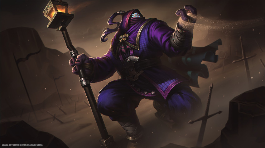 1boy absurdres black_nails cape clothing_request flag glowing glowing_eyes highres holding_lamp hood hood_up jax_(league_of_legends) joaowbenfica league_of_legends long_hair nail_polish outdoors pants planted planted_sword planted_weapon ponytail purple_pants sand solo squatting sword weapon
