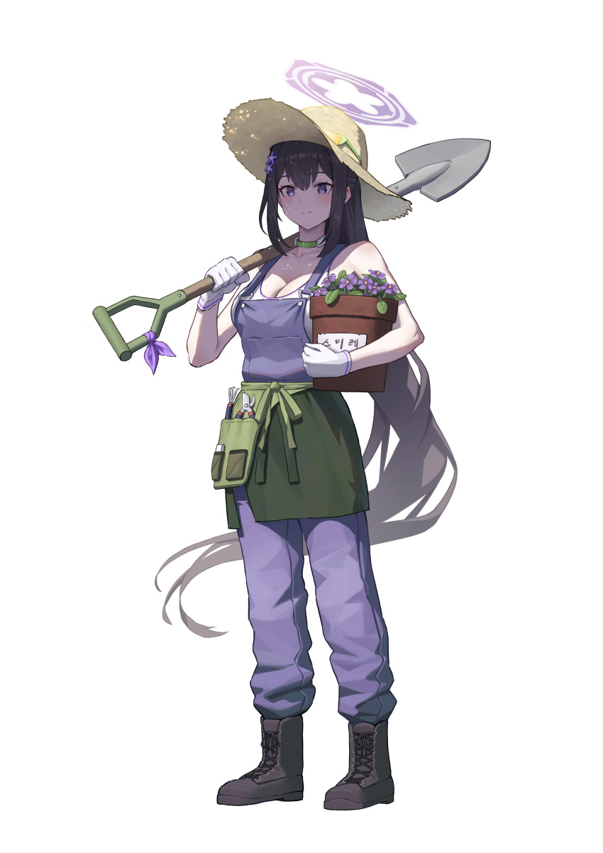 1girl absurdres ankle_boots apron bare_shoulders black_boots black_hair blue_archive blush boots breasts choker cleavage closed_mouth collarbone commentary_request commission flower flower_pot full_body gloves green_apron green_choker hair_between_eyes hair_flower hair_ornament halo hat highres holding holding_flower_pot holding_shovel korean_text large_breasts long_hair looking_at_viewer overalls pants ponytail purple_eyes purple_halo purple_overalls shovel sidelocks simple_background smile solo sports_bra standing straw_hat sumire_(blue_archive) translation_request very_long_hair waist_apron white_background white_gloves white_sports_bra woottak09