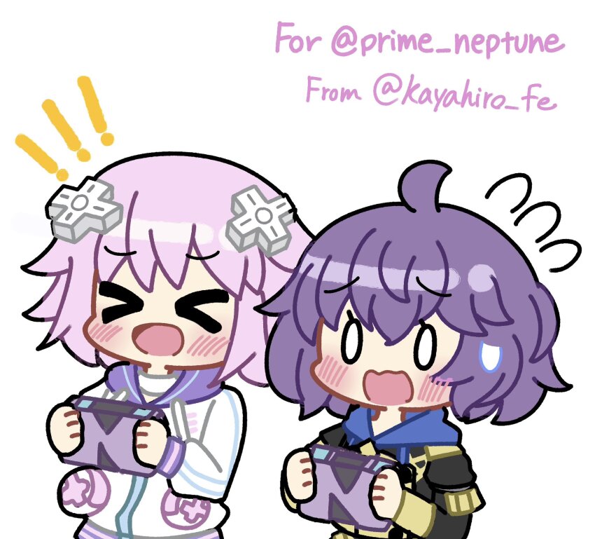 ! !! &gt;_&lt; 2girls ahoge bernadetta_von_varley blush controller d-pad d-pad_hair_ornament fire_emblem fire_emblem:_three_houses game_controller garreg_mach_monastery_uniform hair_ornament highres hiro_kayama holding hood hoodie jewelry long_sleeves multiple_girls neck_ring neptune_(neptunia) neptune_(series) nintendo open_mouth purple_hair short_hair simple_background white_background