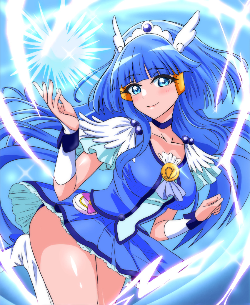 1girl aoki_reika arm_warmers blue_eyes blue_hair blue_shirt blue_skirt blush boots brooch closed_mouth cure_beauty frilled_skirt frills high_heel_boots high_heels highres jewelry long_hair magical_girl manga_sakuga_(precure) paid_reward_available precure shirt short_sleeves skirt smile smile_precure! solo tiara very_long_hair white_boots