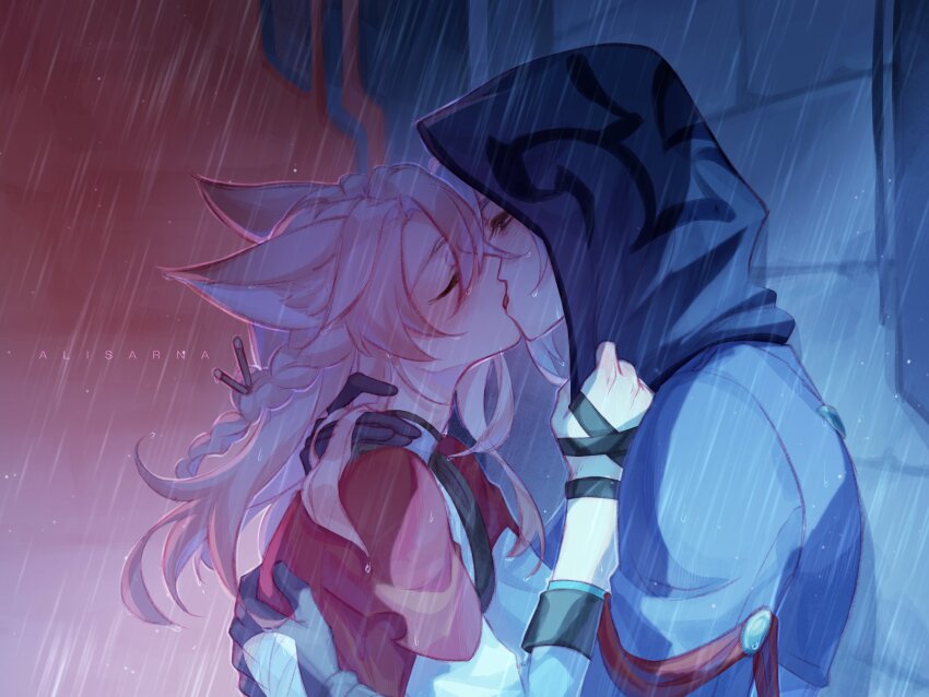 2boys absurdres alisarna_(twitter) animal_ear_fluff animal_ears arm_up braid brick_wall clothes_pull commentary english_commentary fox_boy hair_between_eyes hand_on_another&#039;s_back highres honkai:_star_rail honkai_(series) hood hood_up jiaoqiu_(honkai:_star_rail) kiss long_hair looking_at_another male_focus moze_(honkai:_star_rail) multiple_boys pink_hair profile purple_shirt rain shirt side_braid single_braid twitter_username upper_body wet wet_clothes yaoi