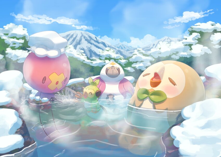 ^_^ bath bird blue_sky blush bow bowtie closed_eyes closed_mouth cloud colored_skin commentary_request drifloon fang gen_4_pokemon gen_7_pokemon gen_8_pokemon green_bow green_bowtie grookey highres holding holding_stick mokukitusui monkey mountain nintendo no_humans open_mouth oranguru outdoors owl partially_submerged pokemon pokemon_(creature) purple_skin rowlet sky snow solid_oval_eyes steam stick towel tree