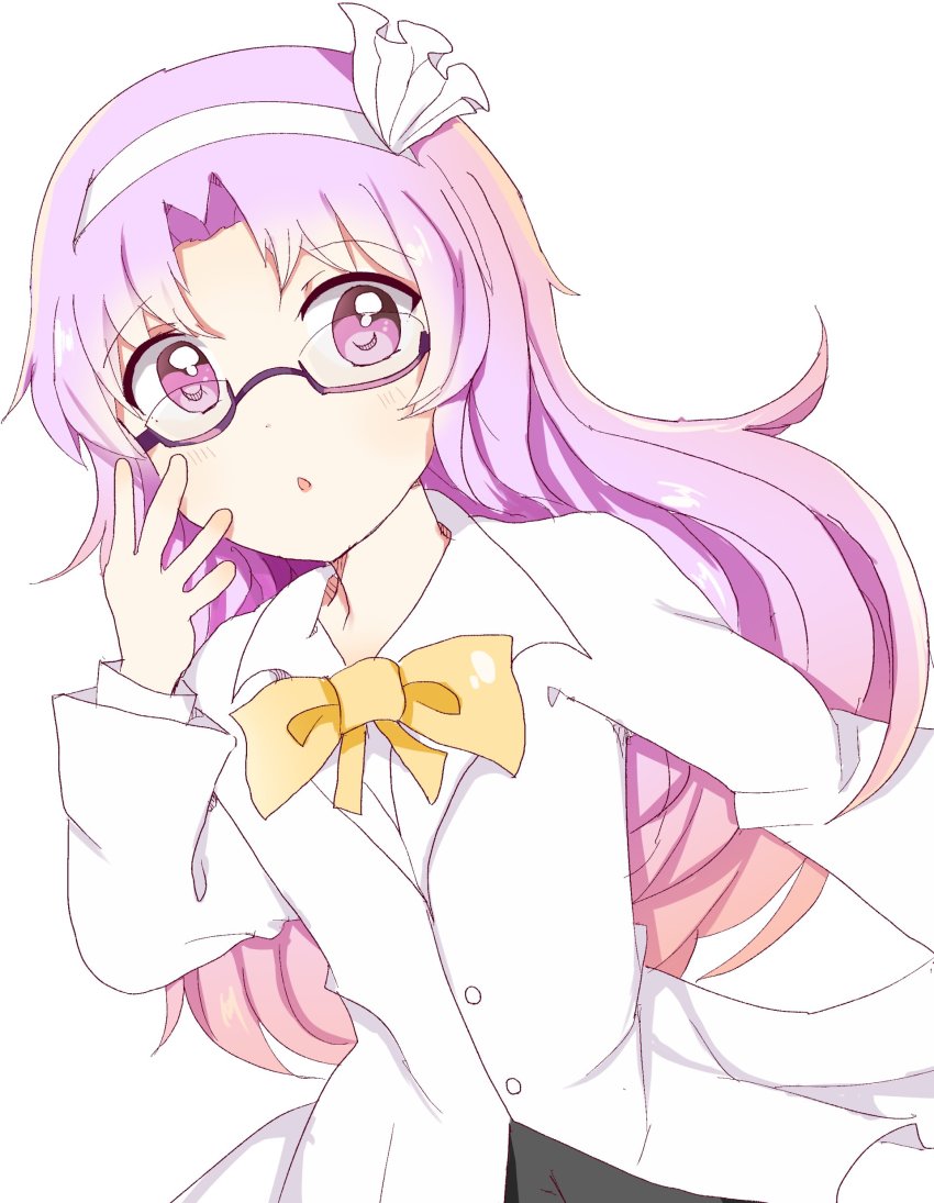 1girl absurdres adjusting_eyewear asakura_rikako black_pants bow buttons chestnut_mouth closed_lab_coat dutch_angle glasses hair_bow highres lab_coat long_hair long_sleeves looking_at_viewer open_mouth pants pc98 purple_eyes purple_hair semi-rimless_eyewear touhou touhou_(pc-98) white_bow yellow_bow yellow_neckwear zerokosan