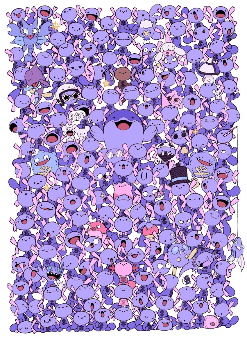 ^_^ alternate_color blush_stickers bounsweet cascoon clodsire closed_eyes clothed_pokemon cosplay ditto drifloon drooling fishing_rod foongus gen_1_pokemon gen_2_pokemon gen_3_pokemon gen_4_pokemon gen_5_pokemon gen_6_pokemon gen_7_pokemon gen_8_pokemon glasses gligar hat hatenna heavy_ball helmet highres hisuian_qwilfish igglybuff koffing master_ball maushold maushold_(family_of_four) nintendo opaque_glasses paldean_wooper pauldrawsart poke_ball pokemon remoraid round_eyewear sableye shiny_and_normal shiny_pokemon skrelp smile sparkle speech_bubble star-shaped_eyewear star_(symbol) team_skull_grunt team_skull_grunt_(cosplay) team_skull_uniform team_star_grunt team_star_grunt_(cosplay) team_star_uniform top_hat venonat wooper