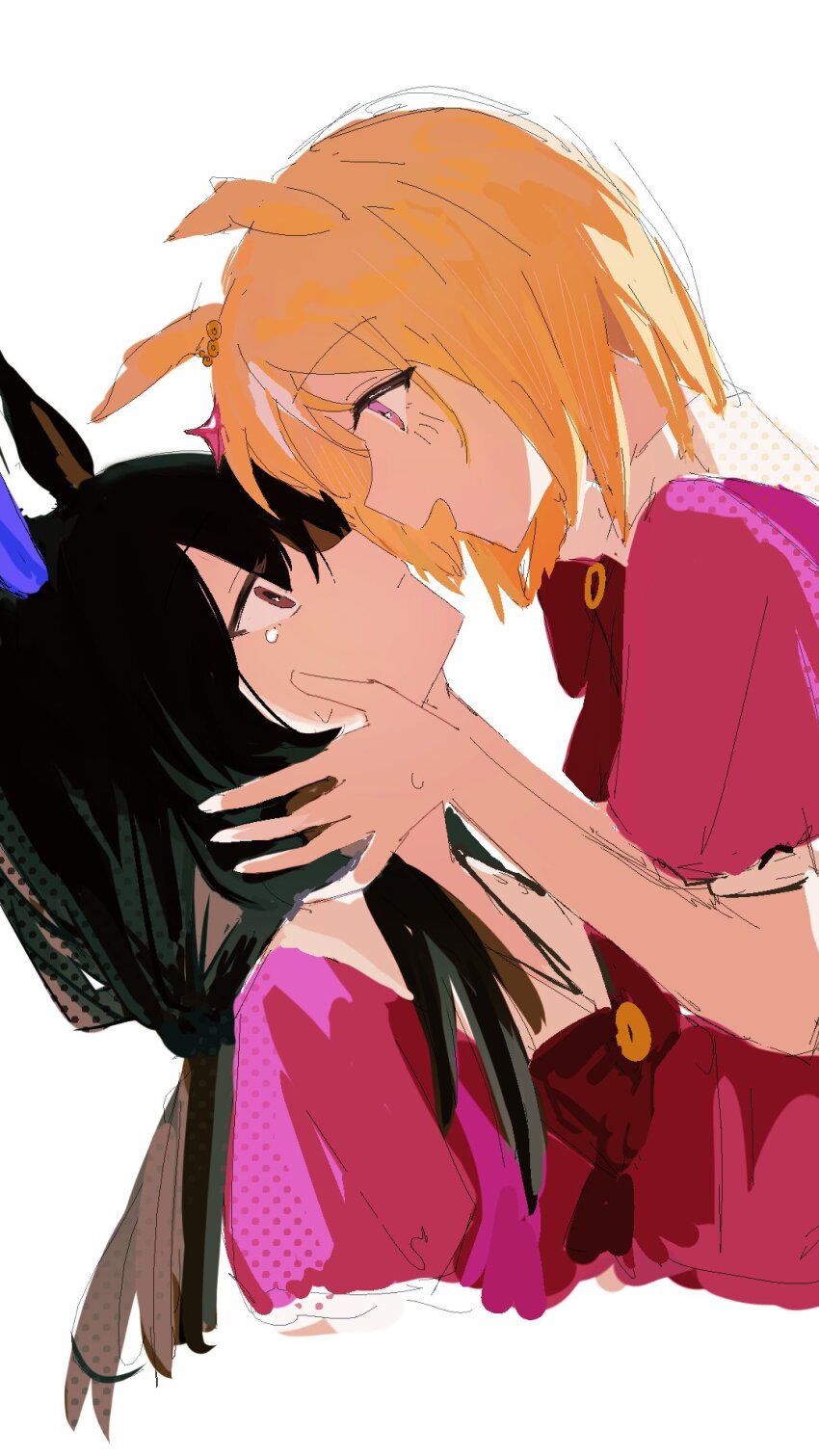 2girls admire_vega_(umamusume) animal_ears black_hair blonde_hair brown_eyes commentary cropped_torso ear_covers eye_contact face-to-face hands_on_another&#039;s_face hcrane_hrs highres horse_ears horse_girl long_hair looking_at_another multiple_girls narita_top_road_(umamusume) puffy_short_sleeves puffy_sleeves purple_eyes purple_shirt sailor_collar sailor_shirt school_uniform shirt short_hair short_sleeves single_ear_cover summer_uniform tracen_school_uniform umamusume yuri