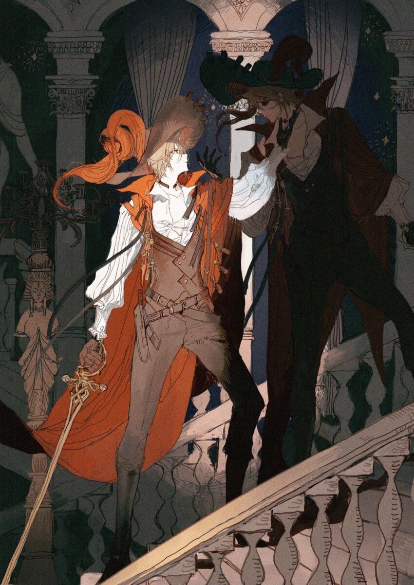 2boys arknights arm_at_side belt black_belt black_choker black_footwear black_gloves black_hat black_pants black_vest boots brown_eyes brown_hair candelabra candlestand cape choker closed_mouth column curtains domino_mask dual_persona expressionless eye_contact from_side full_body gloves gou_haihaihaihai hair_between_eyes hat hat_feather highres holding holding_sword holding_weapon indoors long_sleeves looking_at_another looking_to_the_side male_focus mask multiple_boys on_stairs open_collar outstretched_arm pants phantom_(arknights) phantom_(focus)_(arknights) pillar profile puffy_long_sleeves puffy_sleeves reaching red_cape shirt short_hair sky spotlight standing star_(sky) starry_sky statue sword vest weapon white_shirt