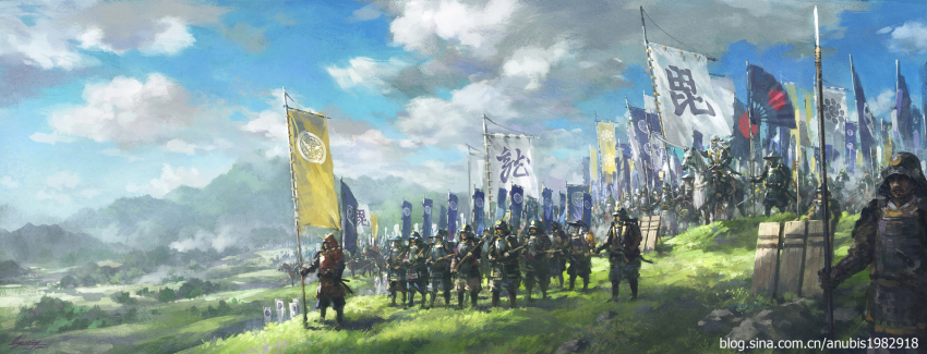 6+boys antique_firearm anubis1982918 armor army bad_id bad_pixiv_id banner cloud emblem firearm flag full_armor gun hand_fan hat helmet highres hill history holding horse horseback_riding japanese_armor jingasa kabuto_(helmet) kusazuri male_focus mitsudomoe_(shape) multiple_boys nature nobori original outdoors plant polearm riding rock samurai sheath sheathed shoulder_armor signature sky sode soldier spear standing sword tomoe_(symbol) tree uesugi_kenshin war watermark weapon web_address