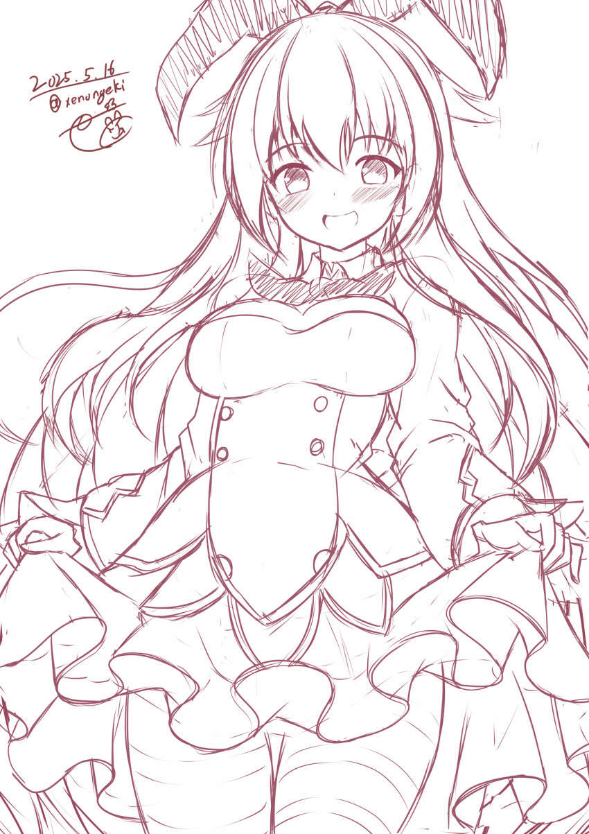 1girl 2025 :d alice_(grimms_notes) asymmetrical_legwear blush breasts cleavage cloud commission cowboy_shot dated day dress green_eyes grimms_notes hair_between_eyes highres large_breasts long_hair long_sleeves looking_at_viewer monochrome open_mouth pixiv_commission signature sketch smile solo xenon_(for_achieve)