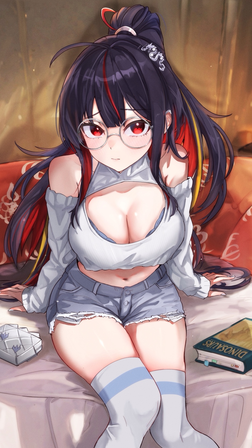 1girl absurdres ahoge arms_at_sides bare_shoulders black_hair book bra bra_peek breasts cleavage cleavage_cutout clothing_cutout colored_inner_hair commentary_request couch cowboy_shot detached_sleeves dinosaur_footprints dragon_hair_ornament glasses goddess_of_victory:_nikke high_ponytail highres indoors knees_together_feet_apart kunimoto_rikuya large_breasts long_sleeves looking_at_viewer midriff moran_(nikke) moran_(off-duty_queen)_(nikke) multicolored_hair navel official_alternate_costume partial_commentary ponytail red_eyes red_hair round_eyewear shirt short_shorts shorts sitting skindentation socks solo streaked_hair thighhighs underwear white_shirt