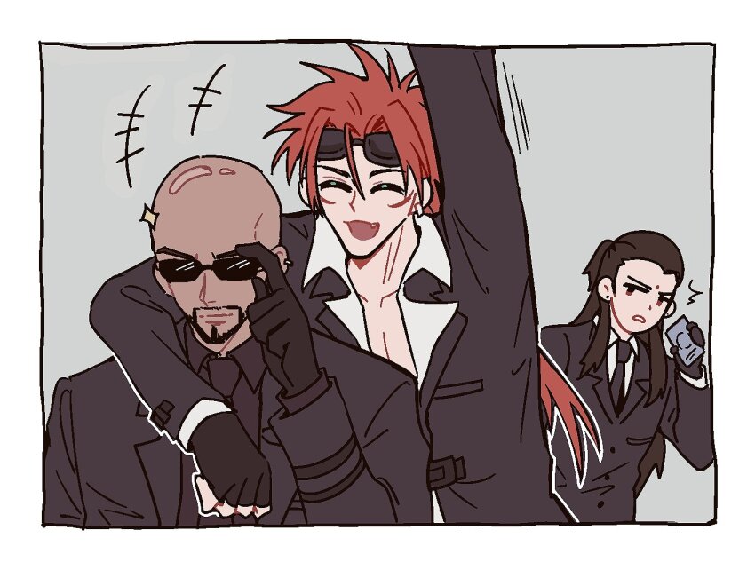 3boys adjusting_eyewear arm_around_neck arm_up bald batphone1939 bindi black_gloves black_hair black_jacket black_necktie black_shirt black_suit border brown_eyes closed_eyes collared_shirt earrings facial_hair facial_mark final_fantasy final_fantasy_vii fingerless_gloves formal_clothes gloves goatee goggles goggles_on_head grey_background hair_pulled_back holding holding_phone jacket jewelry low_ponytail male_focus multiple_boys necktie open_mouth parted_lips phone ponytail red_hair reno_(ff7) rude_(ff7) shirt short_hair_with_long_locks sketch smile spiked_hair suit suit_jacket sunglasses tan tseng white_border white_shirt