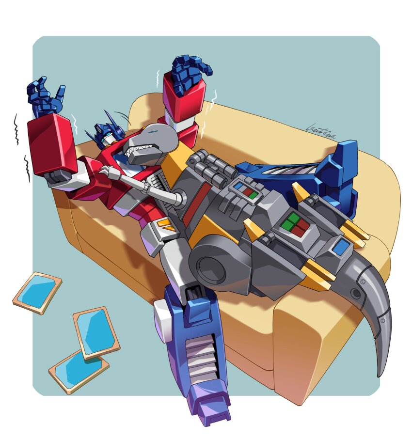 autobot blue_eyes border couch grimlock highres lantana0_0 looking_up lying mecha mecha_focus non-humanoid_robot on_couch open_hands optimus_prime outside_border robot robot_animal science_fiction sharp_teeth signature teeth transformers transformers:_generation_1 trembling white_border