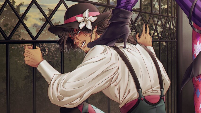 2boys ankle_boots black_hair blue_eyes boots clenched_teeth climbing cloud cloudy_sky commentary dark-skinned_male dark_skin english_commentary facial_hair fence flower game_cg gavis_bettel hat hat_flower hat_ribbon high_heels highres holostars holostars_english iron_fence jerry_(gavis_bettel) lily_(flower) long_hair male_focus mature_male multiple_boys mustache narrowed_eyes outdoors ribbon shirt sky solo_focus stepped_on suspenders teeth tree upper_body vanreito virtual_youtuber white_flower white_shirt