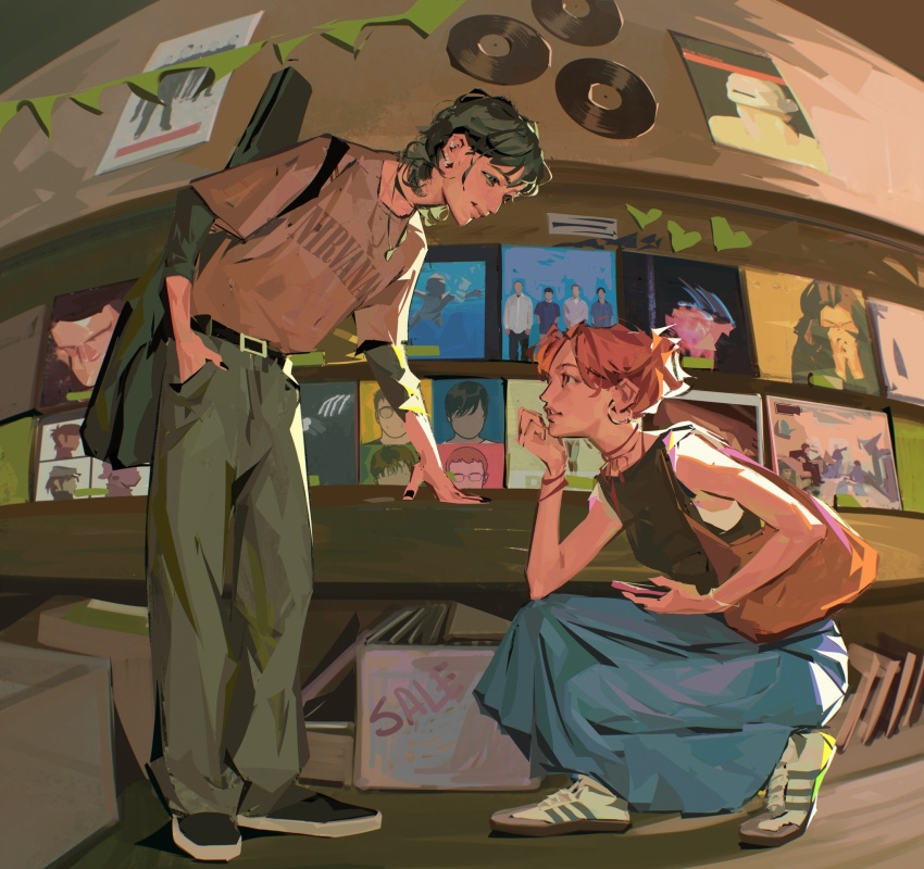 2girls adidas belt black_belt black_hair black_nails black_pants black_shirt black_shoes blue_skirt box bracelet brown_shirt commentary earrings full_body guitar_case highres indoors instrument_case jewelry kininatteru_hito_ga_otoko_ja_nakatta koga_mitsuki long_skirt multiple_girls necklace oono_aya pants pink_hair record shirt shoes skirt sleeveless sleeveless_shirt squatting sunnnliwx symbol-only_commentary weezer_(band) weezer_(blue_album) white_shoes