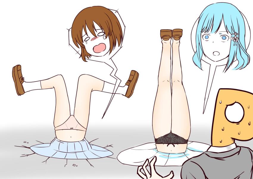 black_panties blue_hair brown_hair highres inugami-ke_no_ichizoku_pose loafers non-web_source panties pink_panties school_uniform shoes stuck underwear