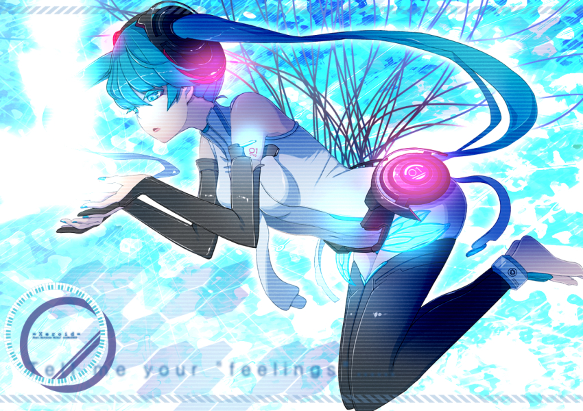 1girl aqua_eyes aqua_hair barefoot belt bridal_gauntlets cosmo_(bousoup) detached_sleeves elbow_gloves fingerless_gloves gloves hatsune_miku hatsune_miku_(append) long_hair navel necktie open_mouth smile solo thighhighs toeless_legwear twintails very_long_hair vocaloid vocaloid_append
