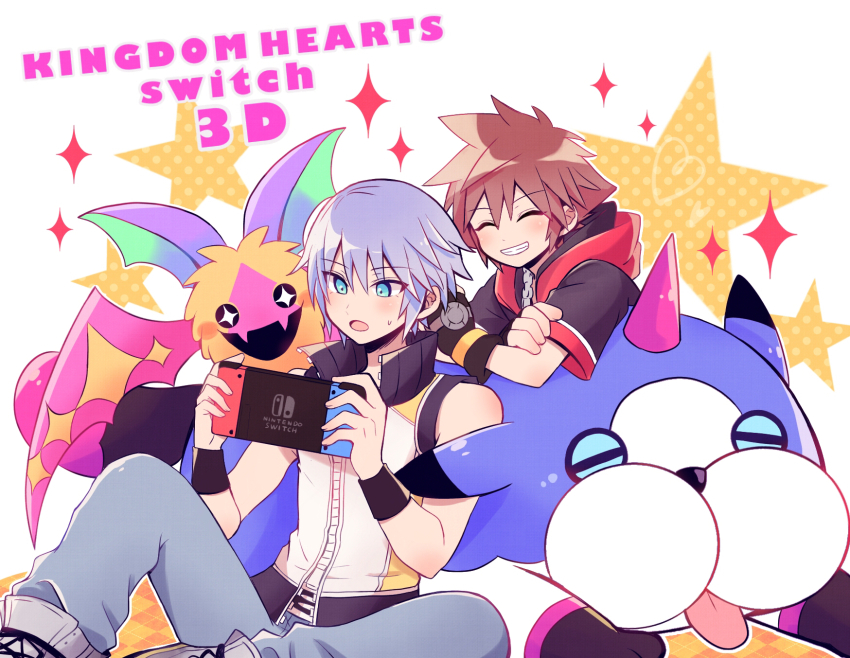 2boys bat_(animal) black_gloves blue_eyes blue_pants bright_pupils chain chain_necklace closed_eyes commentary_request copyright_name creature dream_eater_(kingdom_hearts) fang fingerless_gloves gloves grey_hair grin handheld_game_console happy high_collar highres holding holding_handheld_game_console hood hood_down hooded_jacket jacket jewelry kingdom_hearts kingdom_hearts_3d:_dream_drop_distance koumori_bat lying male_focus multiple_boys necklace nintendo_switch on_stomach open_mouth orange_fur pants riku_(kingdom_hearts) shoes short_hair short_sleeves skin_fang smile sneakers sora_(kingdom_hearts) sparkle star_(symbol) sweatdrop tongue tongue_out upper_body vest wondernyan_(kingdom_hearts) wristband yataba