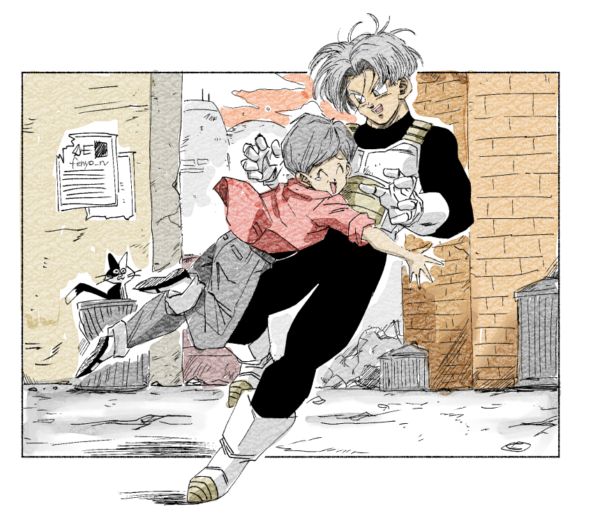 1boy 1girl bulma_(future) dragon_ball fenyon happy highres hug mother_and_son muscular muscular_male short_hair smile toriyama_akira_(style) trunks_(dragon_ball) trunks_(future)_(dragon_ball)