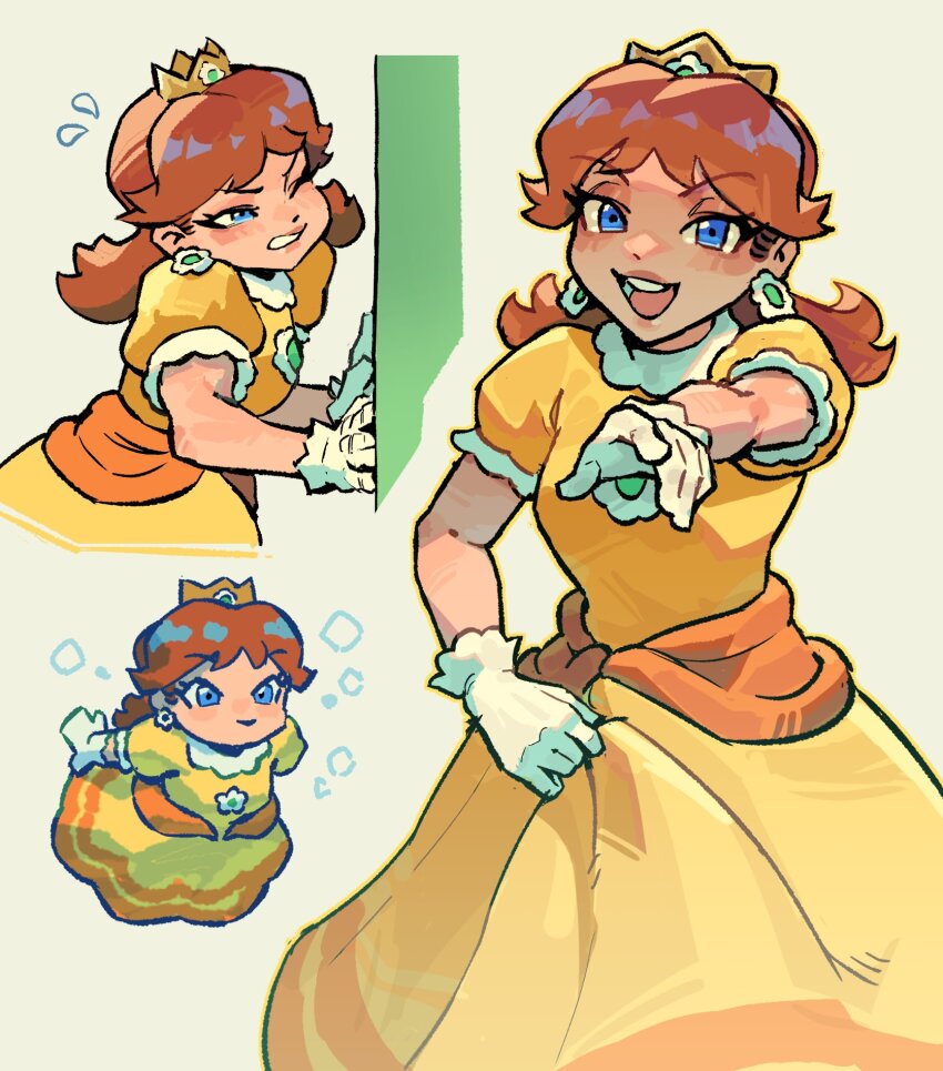 1girl air_bubble blue_eyes blush breasts brooch brown_hair bubble chibi closed_mouth commentary crown dress earrings english_commentary flower_earrings flying_sweatdrops frilled_gloves frilled_sleeves frills gem gloves green_background hand_up happy highres jewelry long_hair looking_at_viewer mario_(series) medium_breasts multiple_views nintendo nycnouu one_eye_closed open_mouth parted_bangs pink_lips princess_daisy puffy_short_sleeves puffy_sleeves pushing short_sleeves simple_background skirt_hold smile standing super_mario_bros._wonder swimming teeth tongue underwater warp_pipe water white_gloves yellow_dress