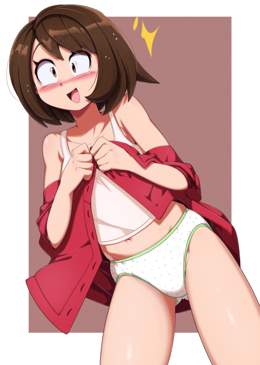 1girl adjusting_clothes armpit_crease blush breasts brown_background brown_eyes brown_hair camisole clenched_hands collarbone crotch_seam dressing embarrassed euf-dreamer eyelashes female_focus gloria_(pokemon) gluteal_fold groin hands_up highres leaning_to_the_side loli looking_at_viewer matching_hair/eyes medium_hair midriff mismatched_underwear neck nervous_smile nervous_sweating nintendo no_headwear open_mouth panties pokemon pokemon_swsh print_panties short_sleeves sidelocks small_breasts smile standing star_(symbol) star_print sweat swept_bangs thighs underwear white_camisole white_panties wide-eyed