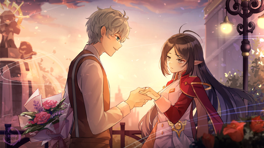 1boy 1girl a_ching adele_(maplestory) black_hair blush bouquet cape closed_mouth falling_leaves fence flower fountain green_eyes highres holding holding_bouquet holding_hands leaf long_hair maplestory pointy_ears red_cape short_hair sunset white_hair white_uniform wind wooden_fence
