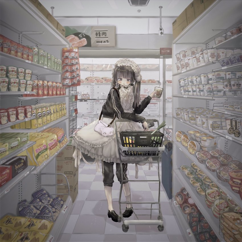 1girl animal_bag apron bag_of_chips black_footwear black_pants black_sleeves brown_eyes brown_hair cup_ramen curry donbee_(food) donbei_kitsune_udon donbei_tempura_soba doritos dress food highres holding holding_food indoors instant_soba instant_udon maid_apron maid_headdress meat nissin_cup_noodle nissin_donbei nissin_raoh pants pringles pringles_can scenery shinanashina shop shopping shopping_cart single_sock socks spring_onion striped_sleeves twintails white_dress