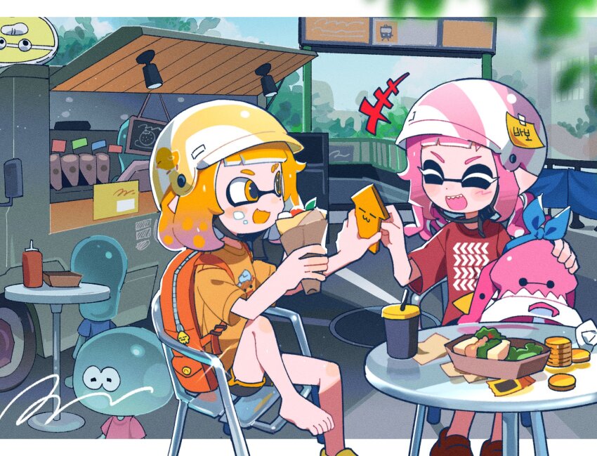 +++ 2girls ^_^ backpack bag bag_charm barefoot black_shorts charm_(object) chin_strap closed_eyes coin colored_tongue commentary_request crepe cup disposable_cup dolphin_shorts drinking_straw eating fang film_grain food food_on_face food_truck gradient_hair helmet hg_swdiary highres holding holding_crepe holding_food holding_phone holding_stuffed_toy inkling inkling_girl inkling_player_character jellyfish_(splatoon) korean_commentary letterboxed low_twintails medium_hair multicolored_hair multiple_girls nintendo on_chair open_mouth orange_eyes orange_hair orange_shirt orange_tongue outdoors phone pink_hair pink_helmet pointy_ears purple_hair red_bag red_shirt sandwiched sharp_teeth shirt short_hair short_sleeves shorts sitting splatoon_(series) sticky_note stuffed_squid stuffed_toy table taped_note teeth tentacle_hair ticket twintails two-tone_hair yellow_helmet
