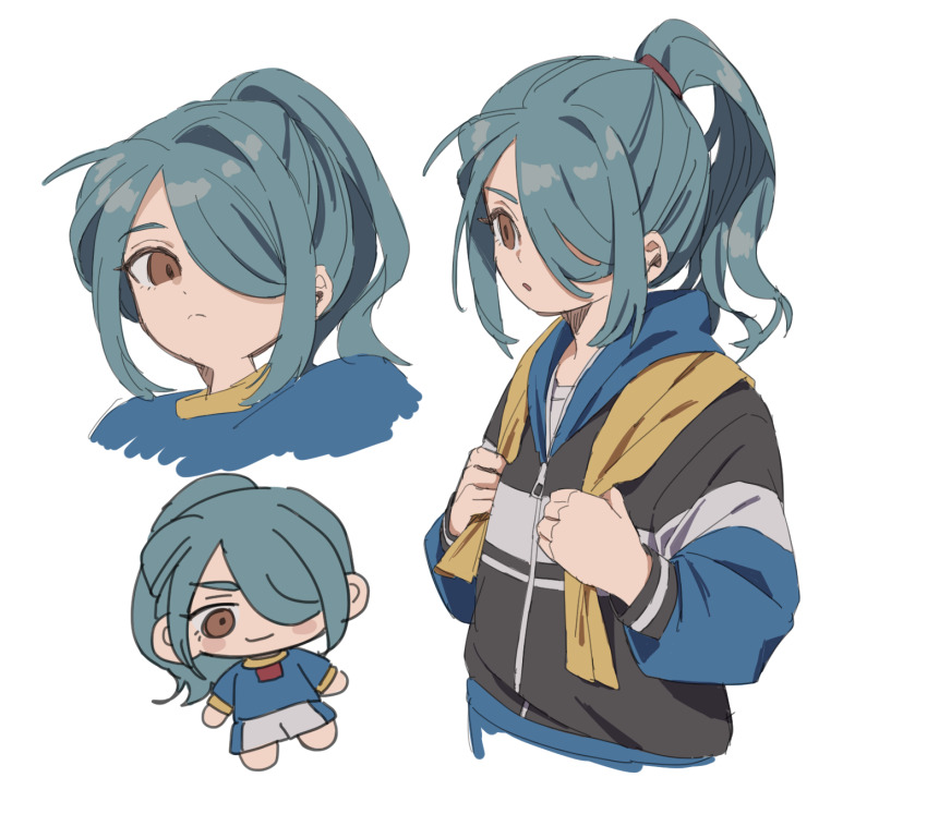 1boy ahoge bishounen black_jacket blue_hair blue_shirt blush_stickers brown_eyes chibi chibi_inset closed_mouth commentary_request cropped_shoulders cropped_torso expressionless hair_over_one_eye hair_tie hands_up high_ponytail highres holding holding_towel hood hood_down hooded_jacket inazuma_eleven inazuma_eleven_(series) jacket jersey kazemaru_ichirouta looking_at_viewer male_focus one_eye_covered parted_lips partial_commentary ponytail saku_(saku_3193) shirt short_sleeves shorts sidelocks simple_background single_hair_intake smile soccer_uniform sportswear towel towel_around_neck white_background white_shorts zipper zipper_pull_tab