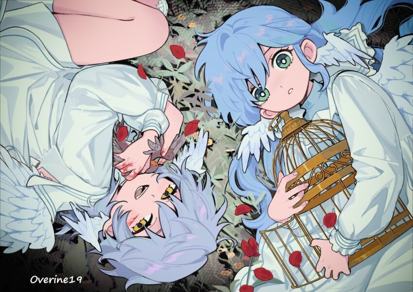 1boy 1girl aged_down angel_wings animal aqua_eyes bird birdcage blood blood_on_face blood_on_hands blue_hair brother_and_sister cage child dead_animal dress ear_wings fangs feathers flower grass holding holding_animal honkai:_star_rail honkai_(series) long_hair long_sleeves looking_at_viewer lying on_back on_grass on_side open_mouth overine19 petals red_flower red_rose robin_(honkai:_star_rail) rose rose_petals rotational_symmetry sailor_collar shirt siblings smile sunday_(honkai:_star_rail) white_dress white_sailor_collar white_shirt wings yellow_eyes