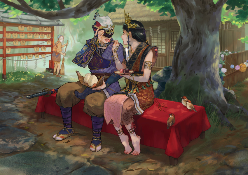 1girl 2boys architecture arm_tattoo armor barefoot bird black_hair brown_pants carolyn_gan clothing_request commentary commentary_request covered_eyes day east_asian_architecture ema english_commentary face-to-face feeding fence fishnet_top fishnets food hand_tattoo highres holding holding_food holding_plate house japanese_armor japanese_clothes katana kote kunitsu-gami:_path_of_the_goddess long_hair looking_at_another magatama mask_lift mixed-language_commentary multiple_boys muneate on_bench onigiri outdoors pants pants_tucked_in plate shade sheath sheathed shide side-by-side sitting soh_(kunitsu-gami) sparrow sword tattoo thatched_roof tiara tree village villager_(kunitsu-gami) waraji weapon yoshiro_(kunitsu-gami)