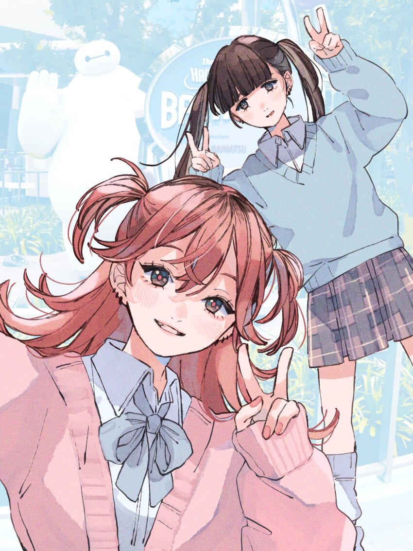 2girls baymax big_hero_6 black_eyes black_hair blue_bow blue_bowtie blue_skirt blue_sweater blush bow bowtie cardigan collared_shirt colored_inner_hair commentary_request double_v dress_shirt ear_piercing earrings grey_hair hair_between_eyes hands_up highres inkya_gyaru_demo_ikigaritai! jewelry kashiwagi_tsukiko kuran_arisa leg_warmers long_hair long_sleeves looking_at_viewer multicolored_hair multiple_girls nail_polish ogino_ichiko parted_lips piercing pink_cardigan pink_hair pink_nails plaid_clothes plaid_skirt pleated_skirt school school_uniform shirt skirt sleeves_past_wrists smile sweater twintails two_side_up v white_leg_warmers white_shirt