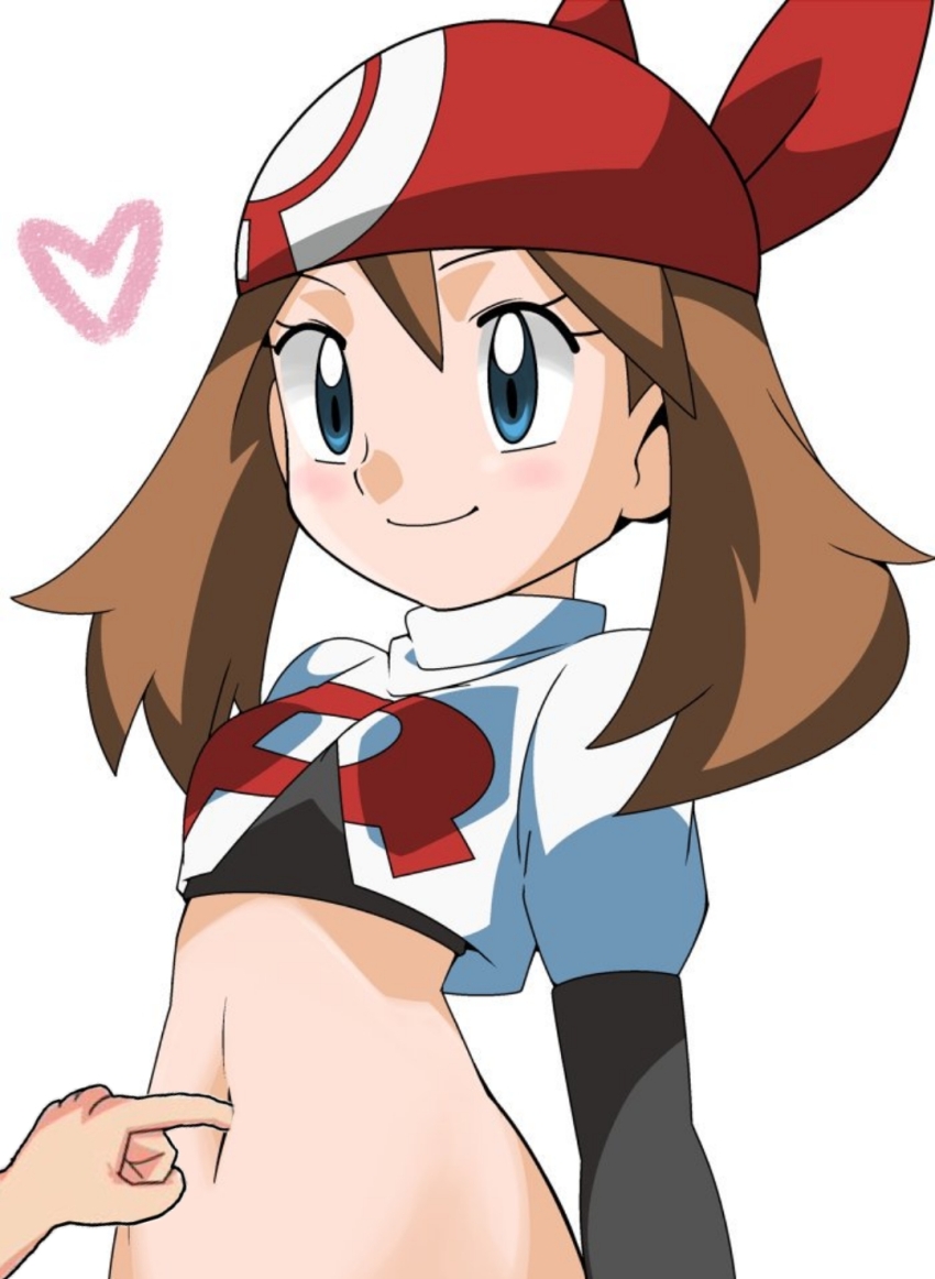 1girl bad_source bandana bellybutton_fingering blue_eyes brown_hair cosplay crop_top finger_in_bellybutton finger_in_navel fingering_bellybutton fingering_navel hainchu heart highres jessie_(pokemon) jessie_(pokemon)_(cosplay) may_(pokemon) midriff navel navel_fingering navel_insertion nintendo pokemon pokemon_(anime) pokemon_rse_(anime) poking_belly solo_focus stomach team_rocket team_rocket_uniform tickling white_background