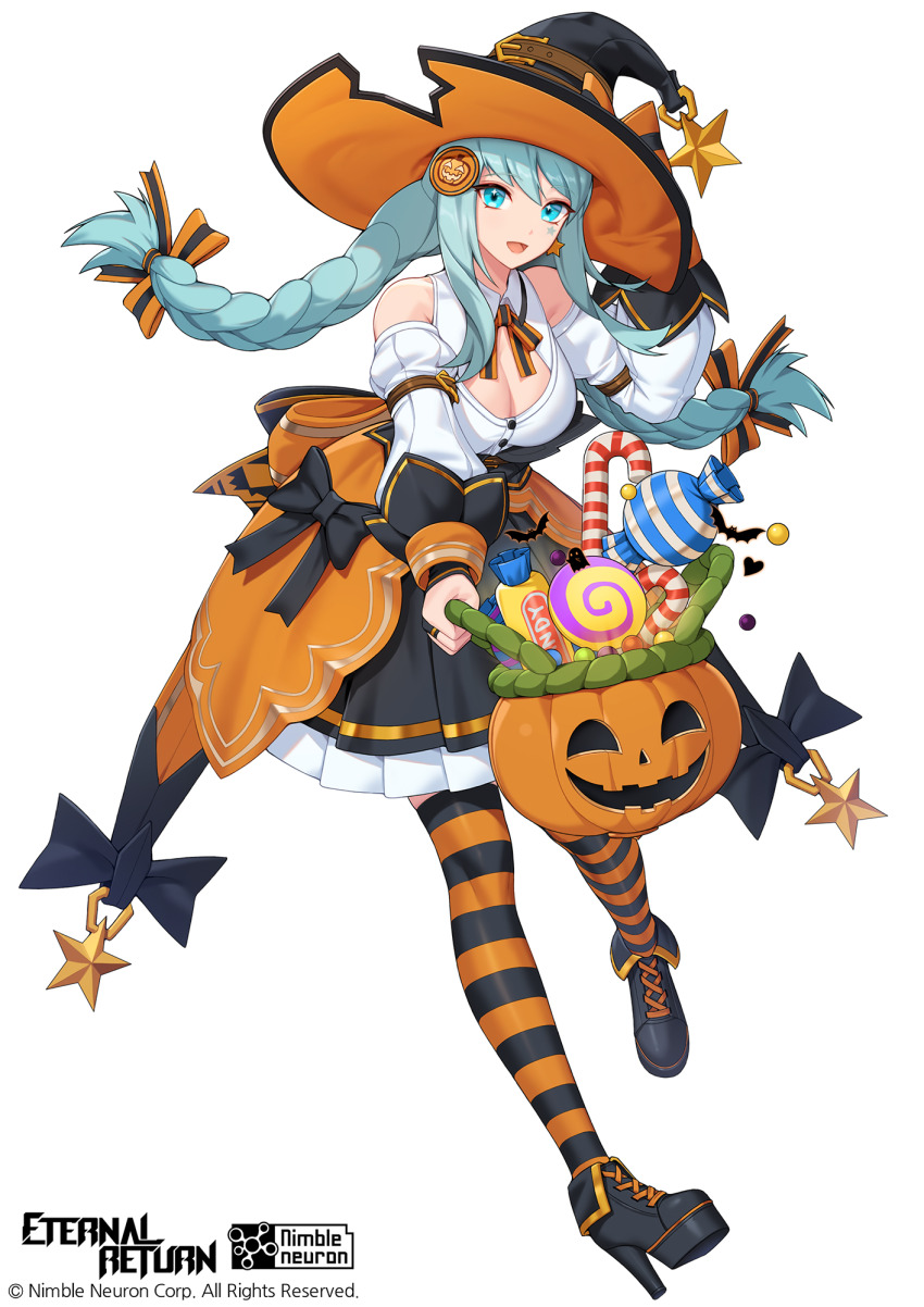 1girl aqua_hair bare_shoulders black_boots black_skirt black_survival blue_eyes boots braid breasts c.honey candy candy_cane cleavage detached_sleeves emma_hardy eternal_return:_black_survival food halloween_bucket halloween_costume hat high_heel_boots high_heels highres jack-o&#039;-lantern juliet_sleeves large_breasts lollipop long_hair long_sleeves looking_at_viewer official_art open_mouth pleated_skirt puffy_sleeves shirt simple_background skirt smile solo striped_clothes striped_thighhighs swirl_lollipop tachi-e thighhighs twin_braids twintails white_background white_shirt witch_hat