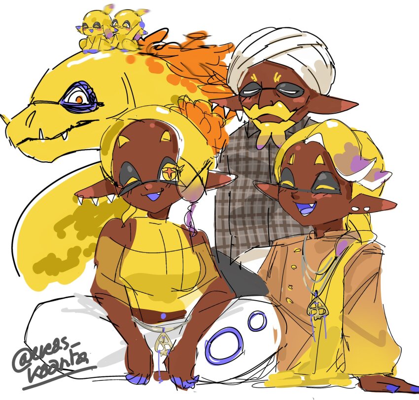 +_+ blush closed_eyes colored_tongue dark-skinned_female dark-skinned_male dark_skin domino_mask earrings eel father_and_daughter frye_(deep_cut_outfit)_(splatoon) frye_(splatoon) highres husband_and_wife jewelry kororidrazom mask moray_eel mother_and_daughter nintendo one_eye_closed orange_pupils original pants pointy_ears purple_tongue shawl shirt sitting sleeveless sleeveless_shirt splatoon_(series) splatoon_3 tooth_earrings white_pants yellow_eyes yellow_shawl yellow_shirt