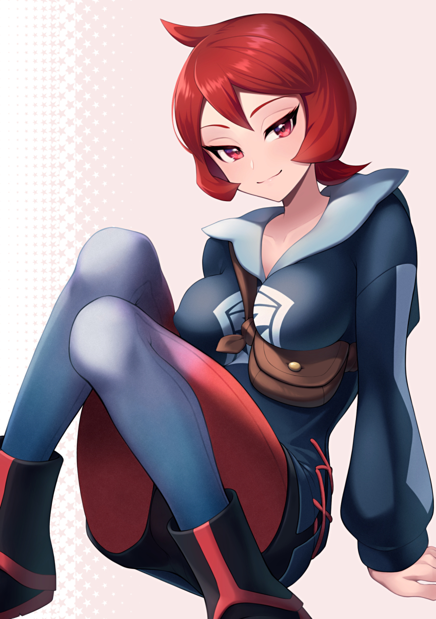 1girl ahoge arezu_(pokemon) arm_support between_breasts black_boots black_shorts blue_sweater blush boots breasts closed_mouth collarbone covered_erect_nipples female_focus grey_leggings half-closed_eyes happy highres knees_together_feet_apart knees_up leaning_back leggings leggings_under_shorts light_blush long_sleeves looking_at_viewer maki_(letusgomaki) matching_hair/eyes medium_breasts multicolored_leggings nintendo pink_background pokemon pokemon_legends:_arceus pouch red_eyes red_hair red_leggings short_hair short_shorts shorts sidelocks simple_background sitting smile solo star_(symbol) strap_between_breasts sweater